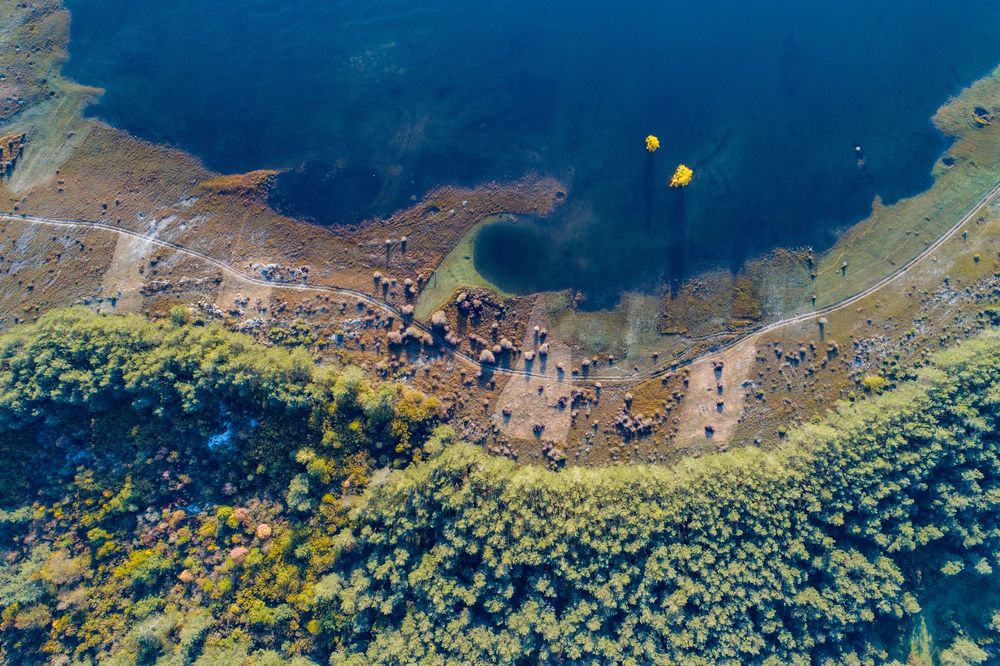 Veduta aerea dei Laghi intermittenti della Pivka, dove boschi, prati e un lago carsico si incontrano nel Carso Verde.